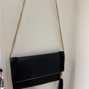 Walborg Black Clutch with Gold Chain and Tassel
